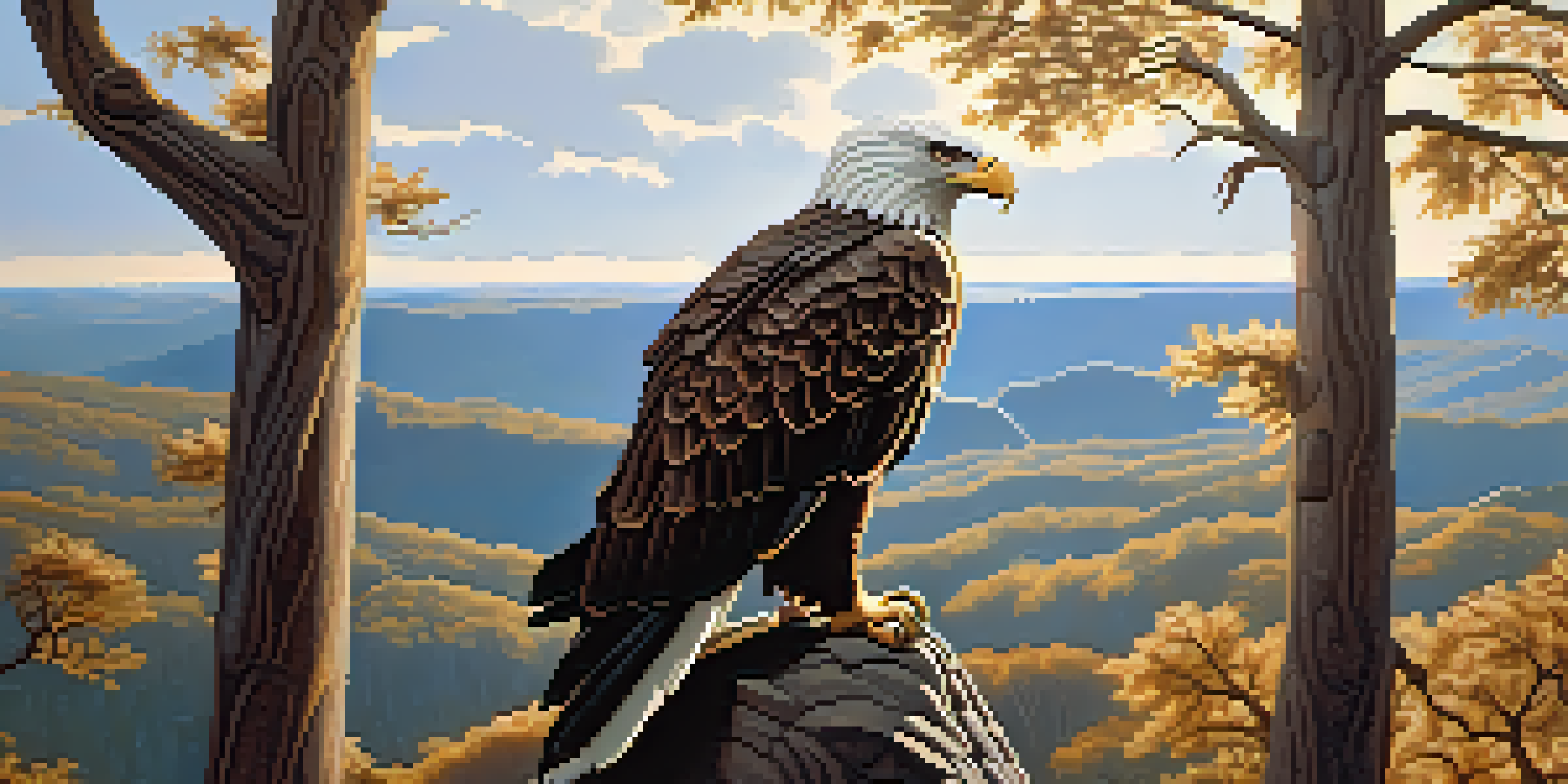 A wooden eagle sculpture with intricate feather details, sitting on a rocky surface illuminated by sunlight.