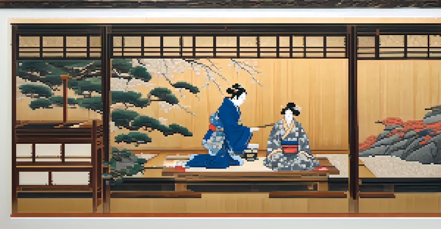 A Japanese artist carving a cherry wood block for ukiyo-e printing, surrounded by vibrant inks and rice paper in a softly lit environment.