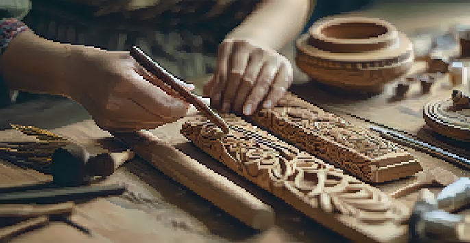 A woman artisan carving a wooden flute in a well-lit workshop, showcasing her tools and the intricate designs she is working on.