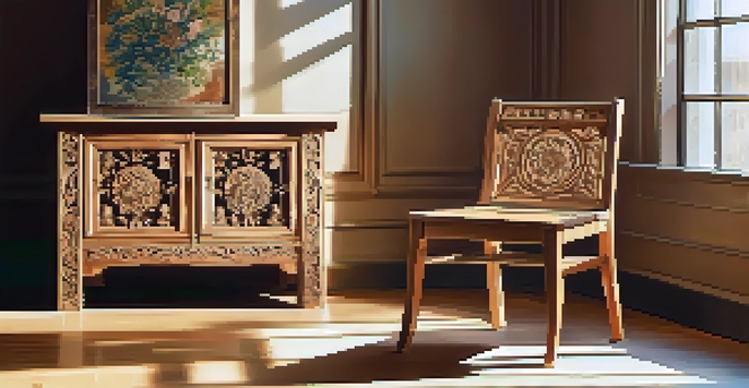 A wooden chair with intricate floral carvings, made from reclaimed wood, placed in a sunlit room.