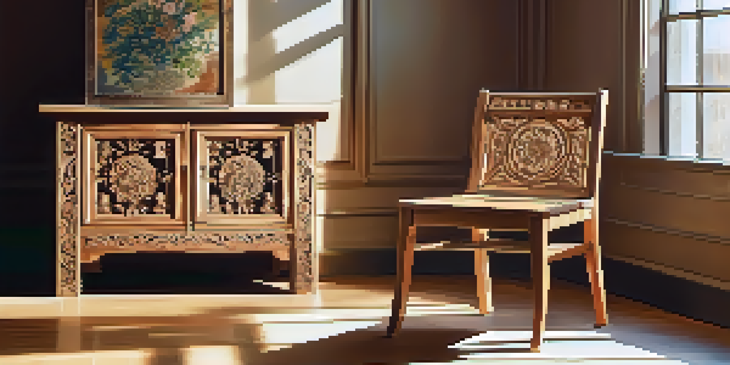 A wooden chair with intricate floral carvings, made from reclaimed wood, placed in a sunlit room.
