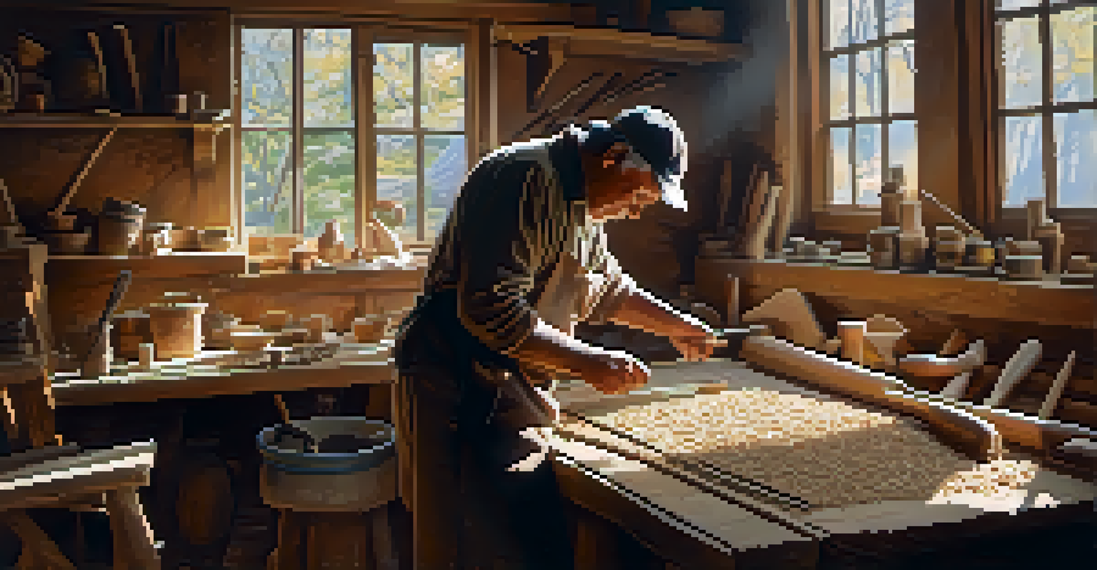 An artisan carefully carving wood in a workshop filled with tools and wood shavings, illuminated by natural light from a window.