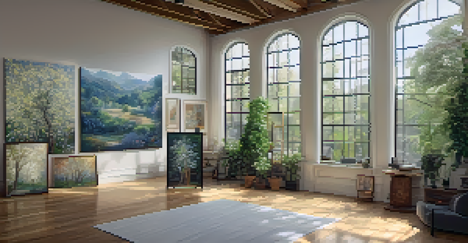A virtual reality artist's studio with paintings that blend into a natural environment.