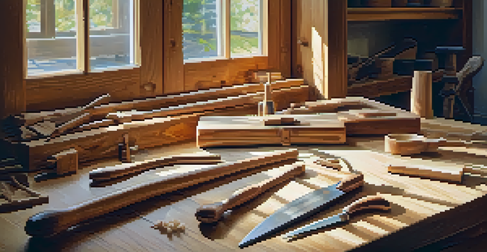 A warm indoor workshop with woodworking tools on a workbench, featuring a wooden spoon being carved and wood shavings on the floor.