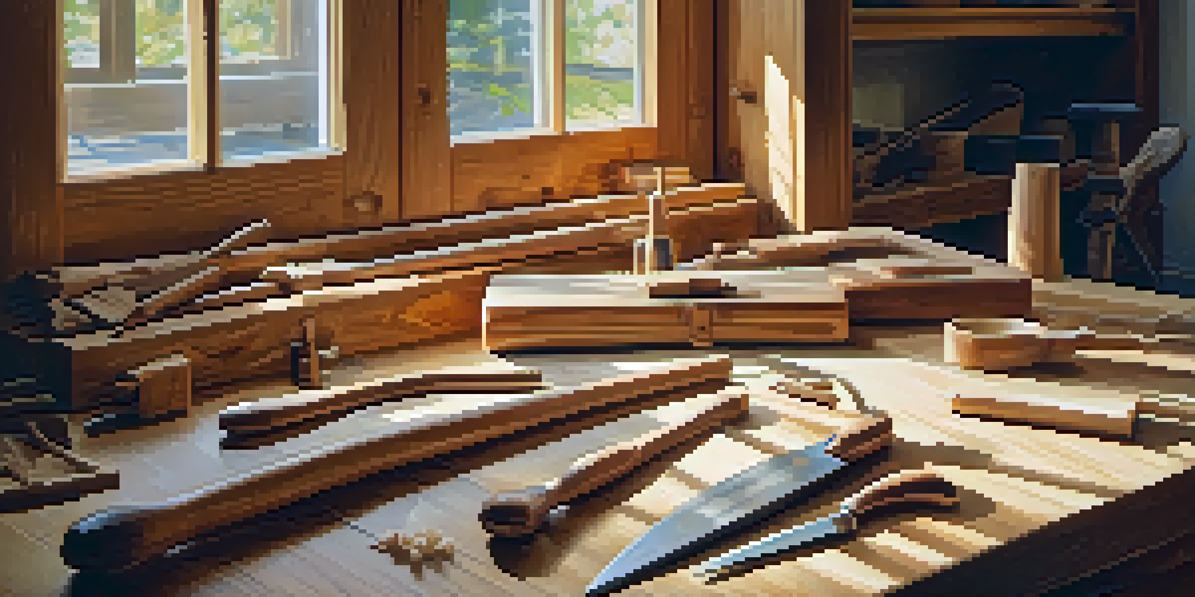 A warm indoor workshop with woodworking tools on a workbench, featuring a wooden spoon being carved and wood shavings on the floor.