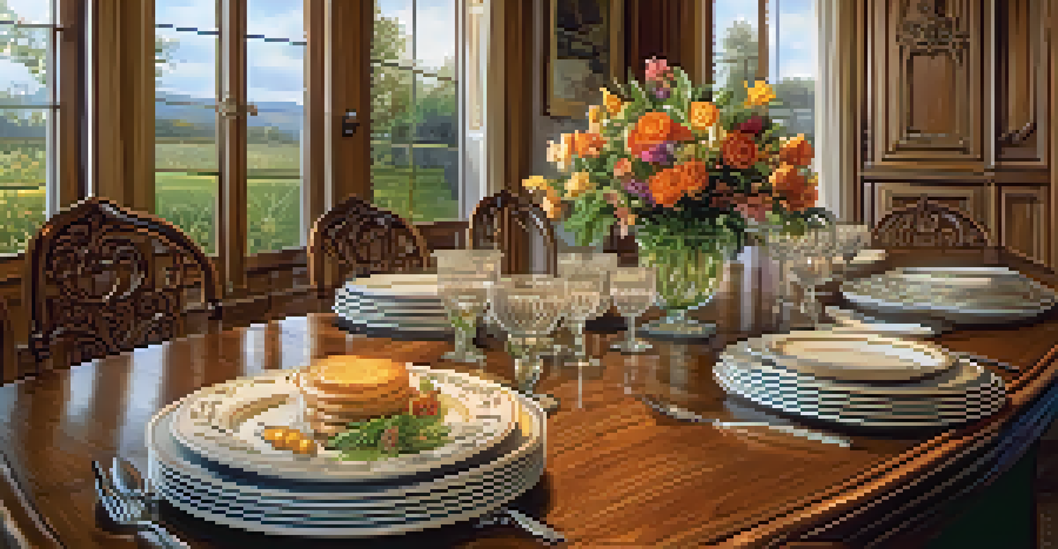 A restored oak dining table with intricate carvings, elegantly set for a meal with flowers.