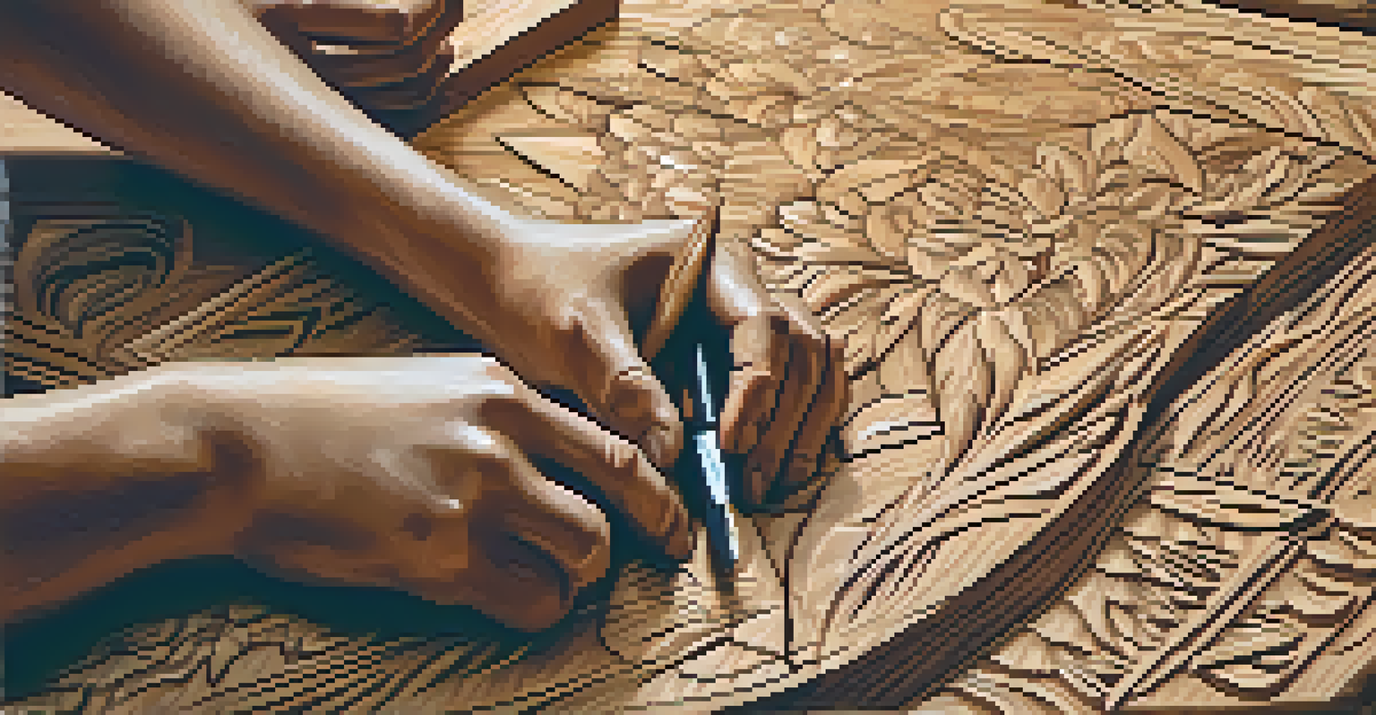 Close-up of hands carving intricate patterns into wood, with blurred team members collaborating in the background.