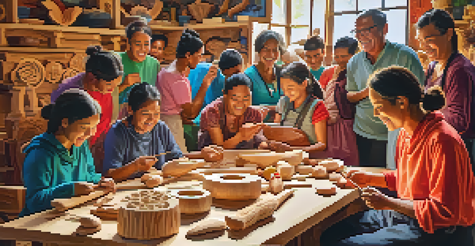 A community workshop with artisans teaching carving techniques to learners, filled with enthusiasm and creativity.