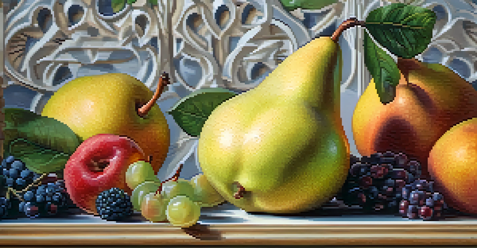 A close-up view of a pear carved into a swan shape, showcasing its intricate details against a blurred background of colorful fruits.