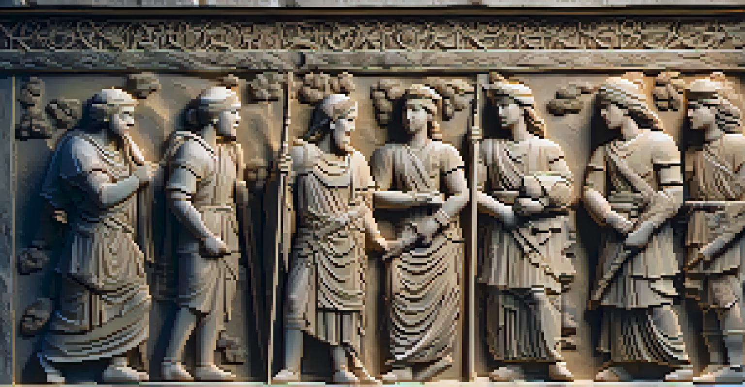 A stone relief depicting a historical scene, showcasing intricate details and warm lighting that highlights the artistry against a textured stone wall.