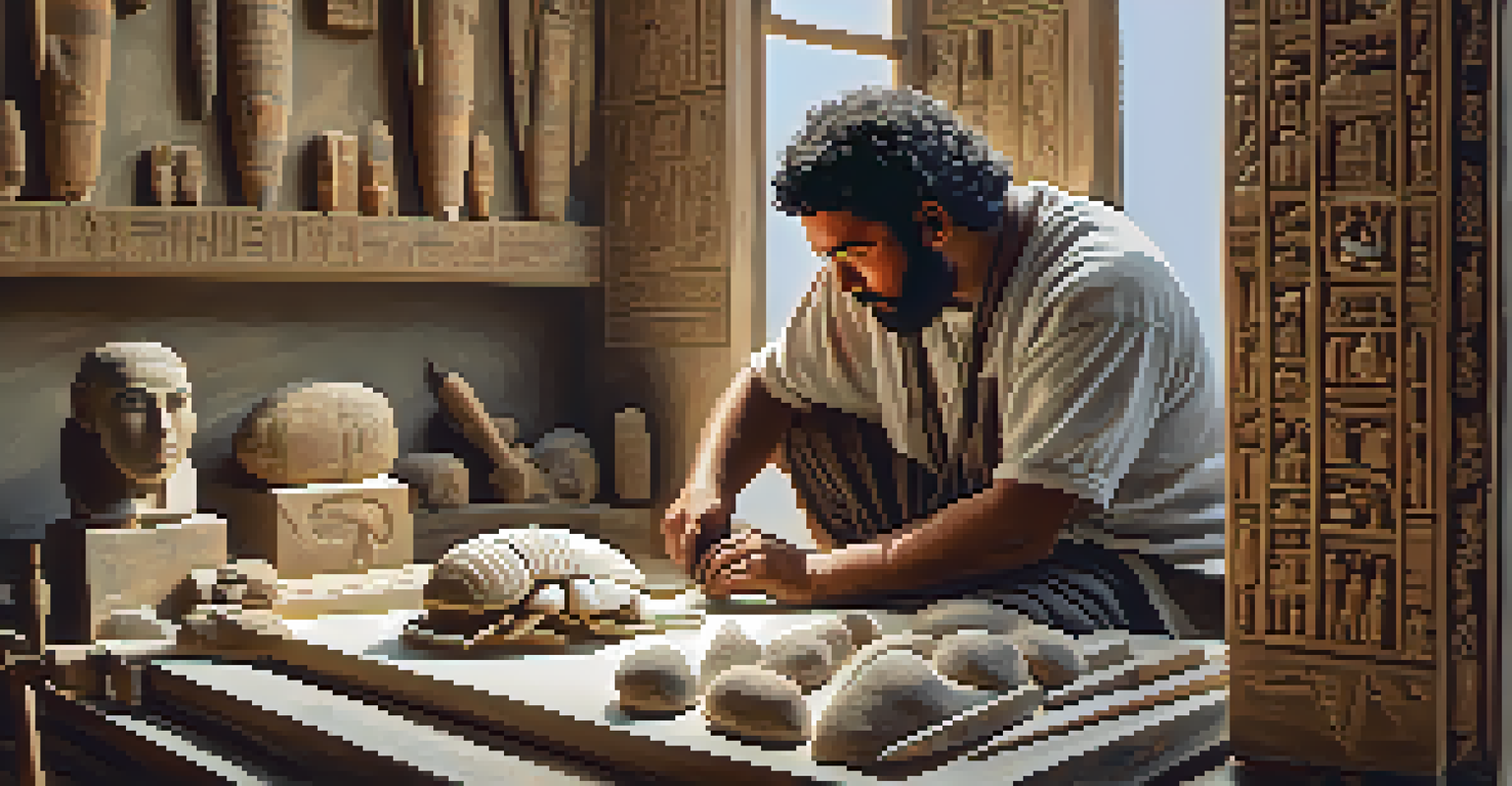 An artisan in Ancient Egypt carving a scarab beetle from alabaster, with tools scattered around in a sunlit workshop.
