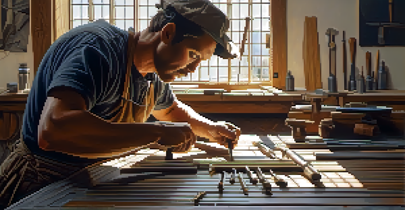 An artist crafting geometric metal patterns in a studio, surrounded by tools and partially finished designs, illuminated by natural light.