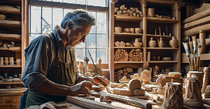 An artisan carving a wooden sculpture in a workshop, surrounded by tools and wood pieces, with warm natural light illuminating the scene.
