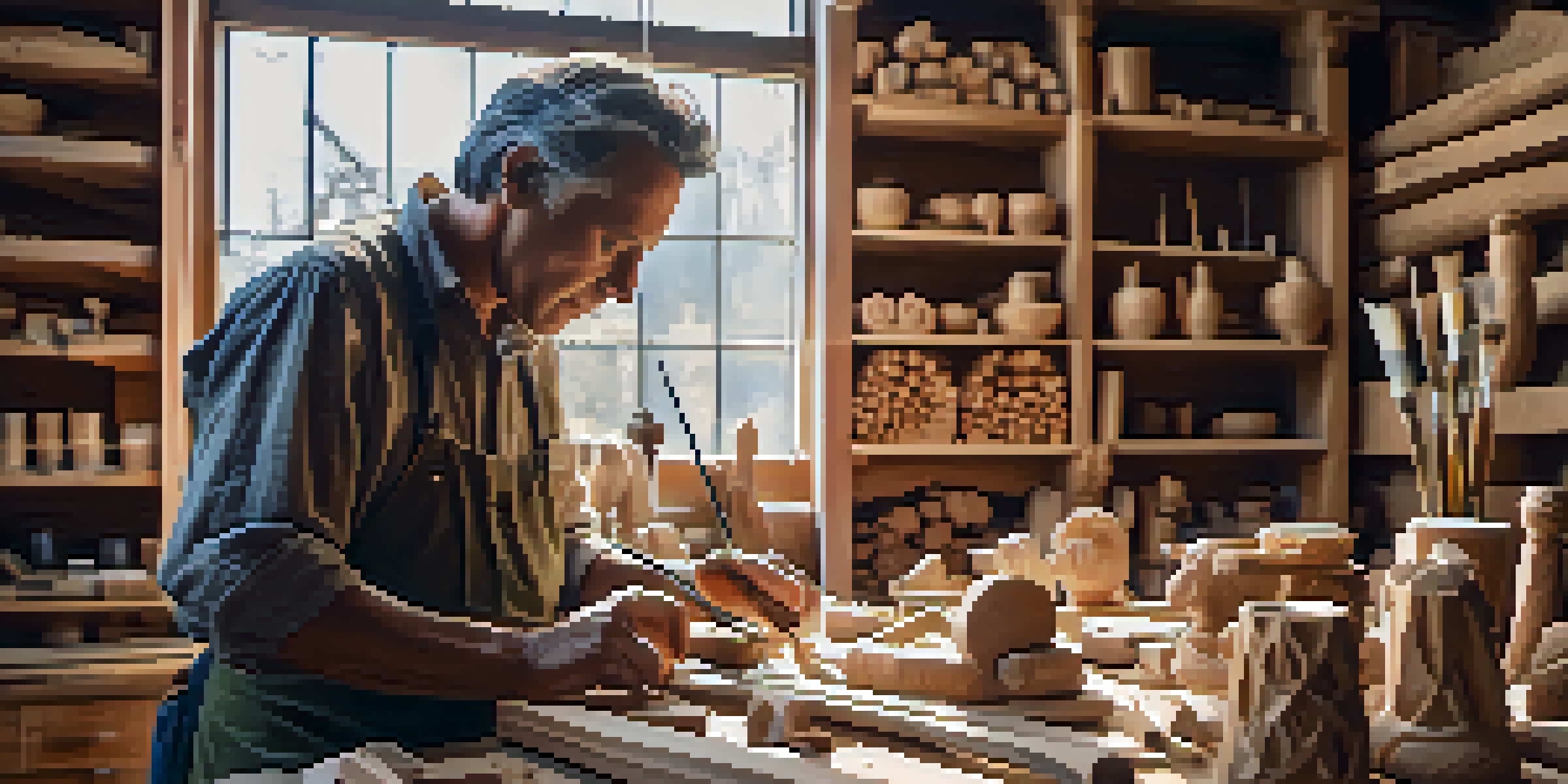 An artisan carving a wooden sculpture in a workshop, surrounded by tools and wood pieces, with warm natural light illuminating the scene.