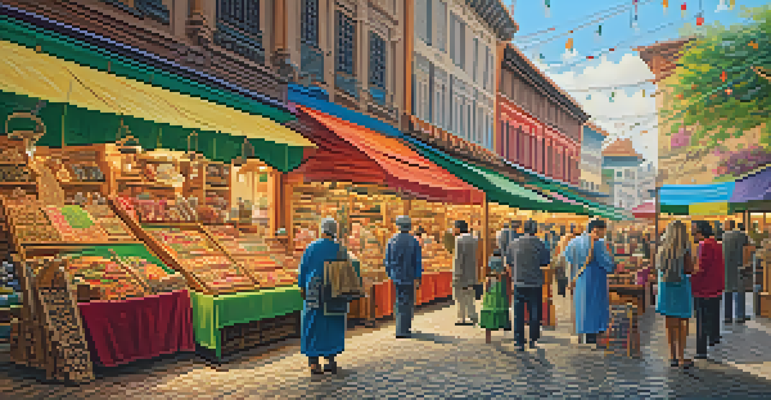 A lively market with colorful tables displaying unique wooden carvings and gifts.