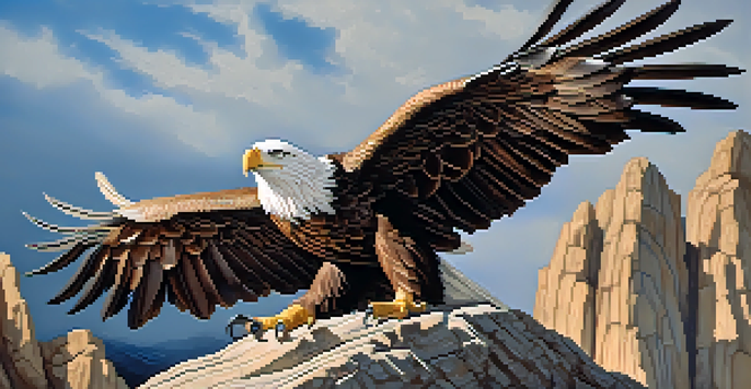 A detailed wooden sculpture of an eagle on a rock, showcasing intricate feather textures and soft lighting effects.