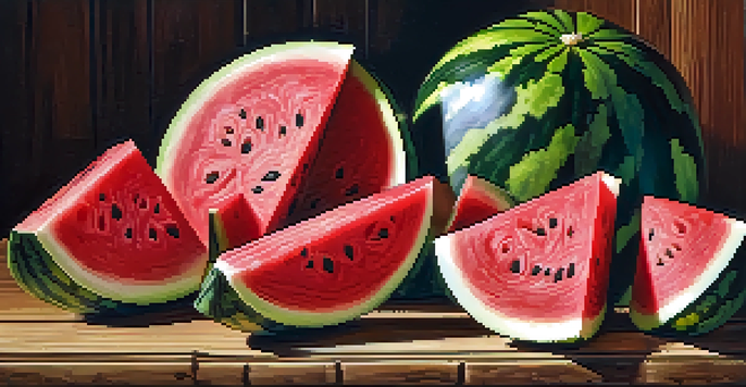 A watermelon carved into a flower shape with detailed petals, displayed on a wooden table.