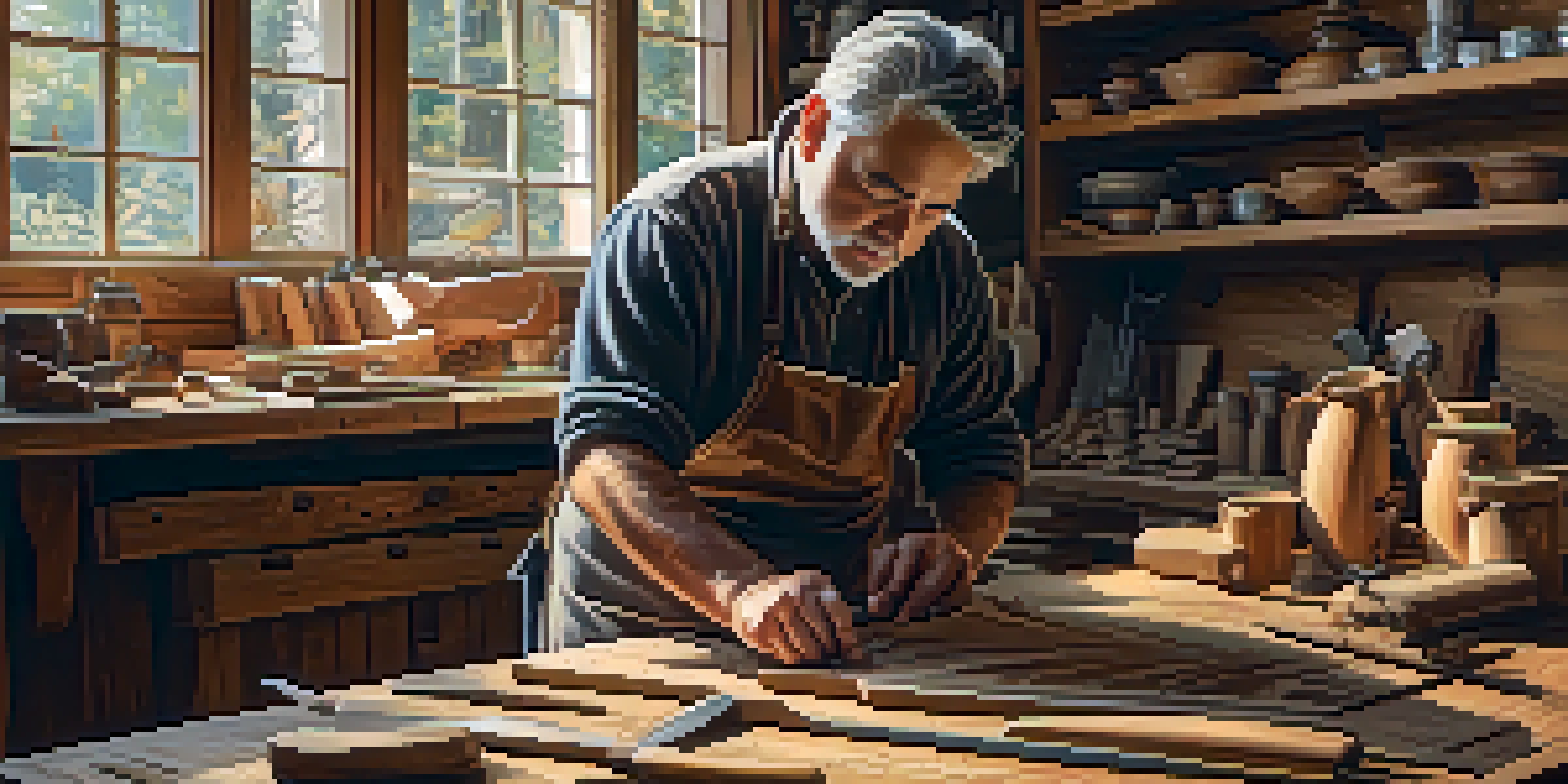 An artisan carving a detailed wooden panel with various tools, in a warmly lit workshop filled with wood shavings.