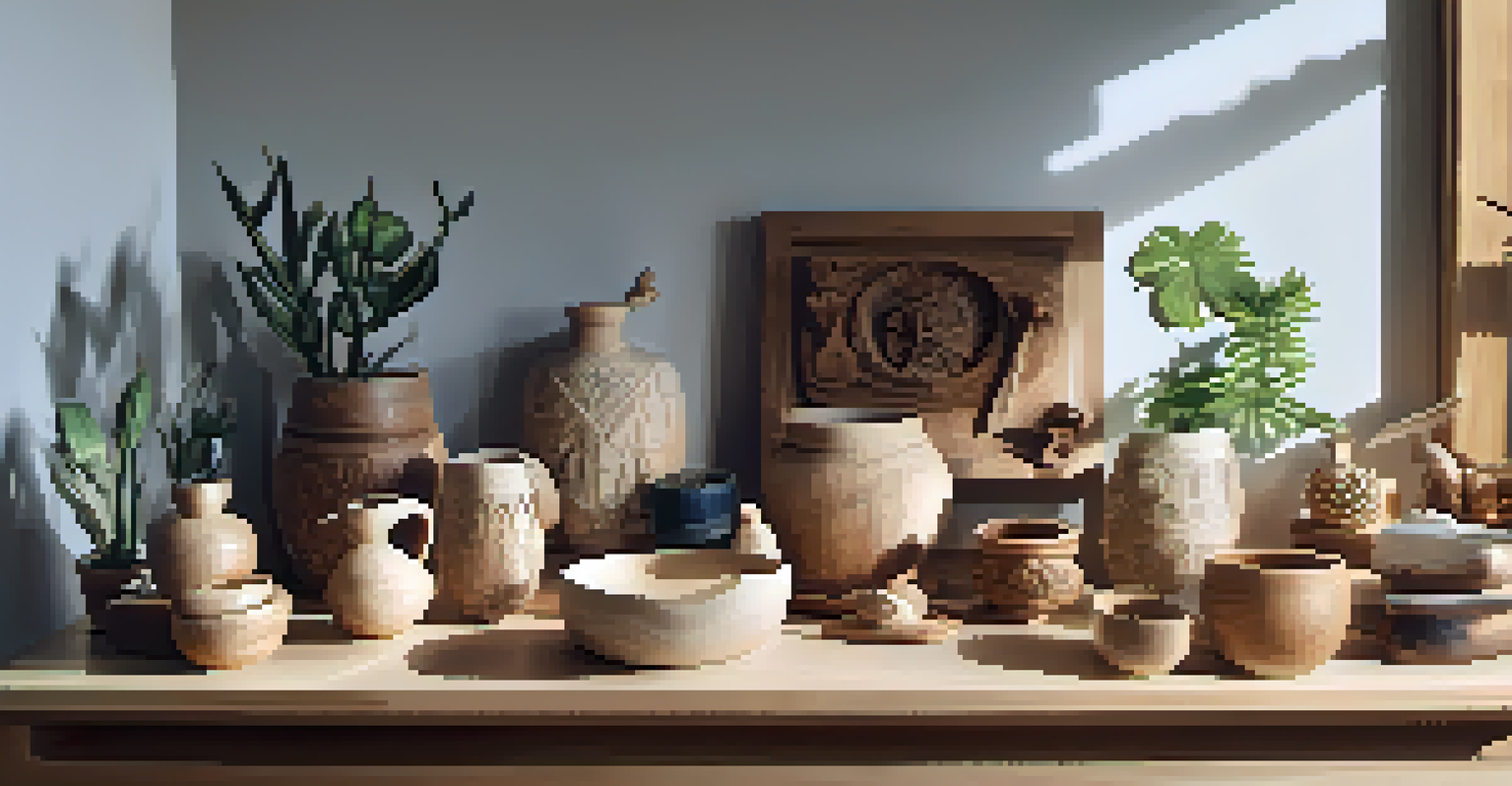 A cozy home exhibition showcasing various carved projects on a wooden table, with spotlights illuminating the creations.