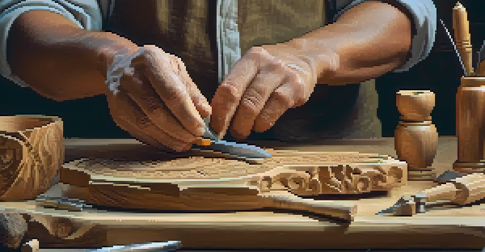 An artisan's hands carving a wooden animal figure with various tools around them.