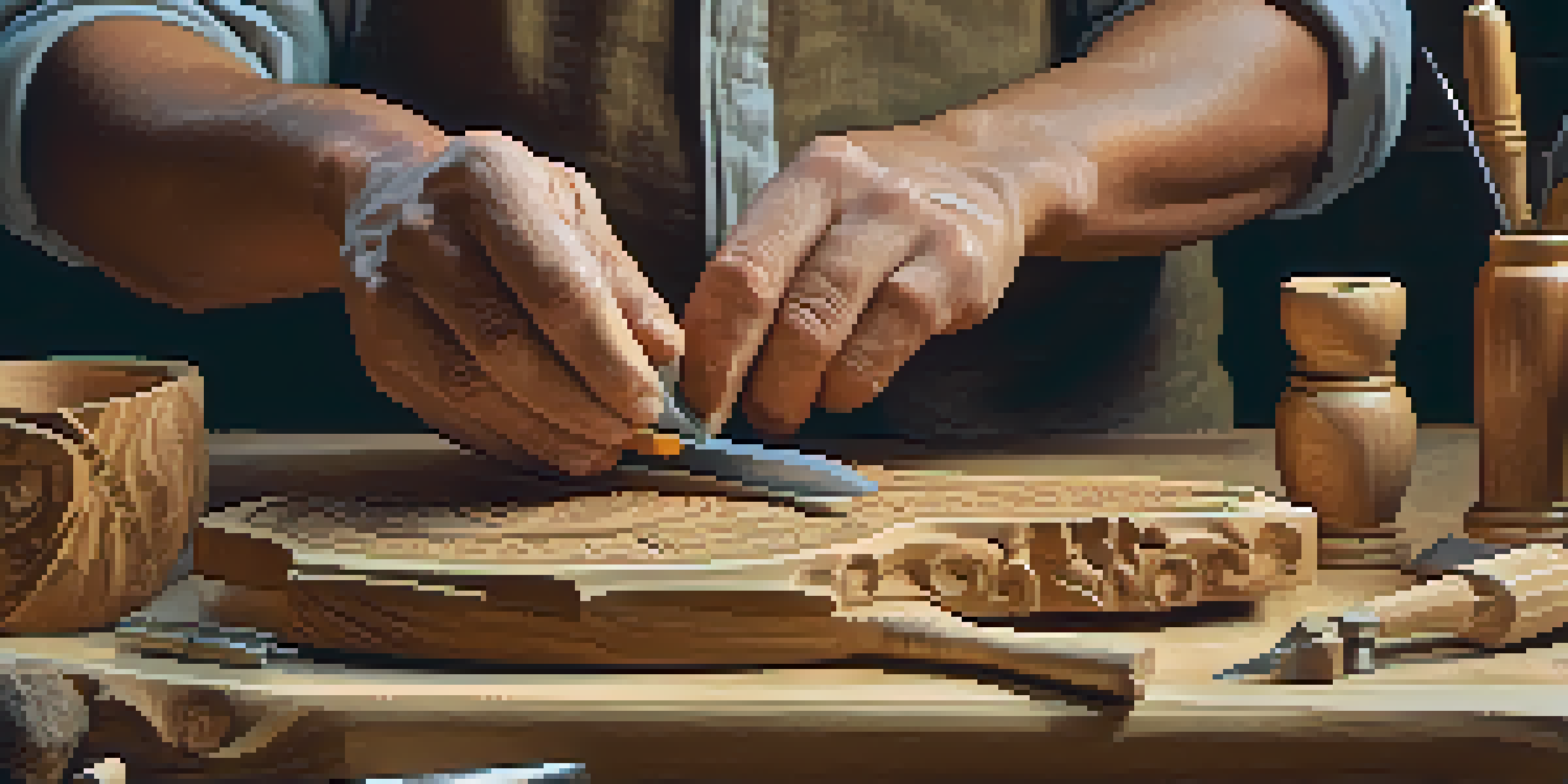 An artisan's hands carving a wooden animal figure with various tools around them.