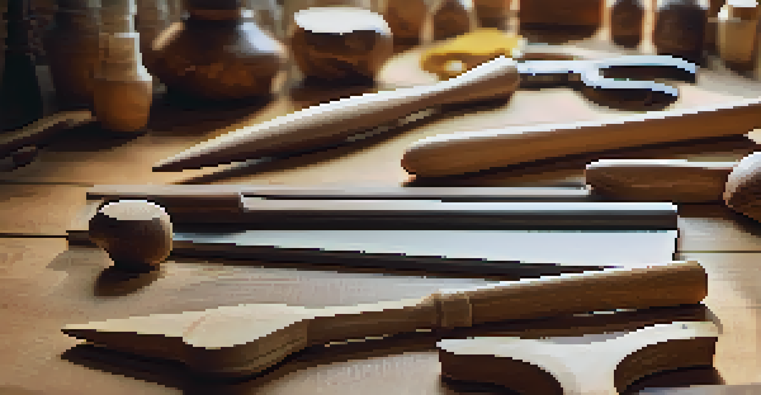 A close-up view of carving tools on a wooden workbench, with natural light highlighting the textures of the tools and the wood grain.