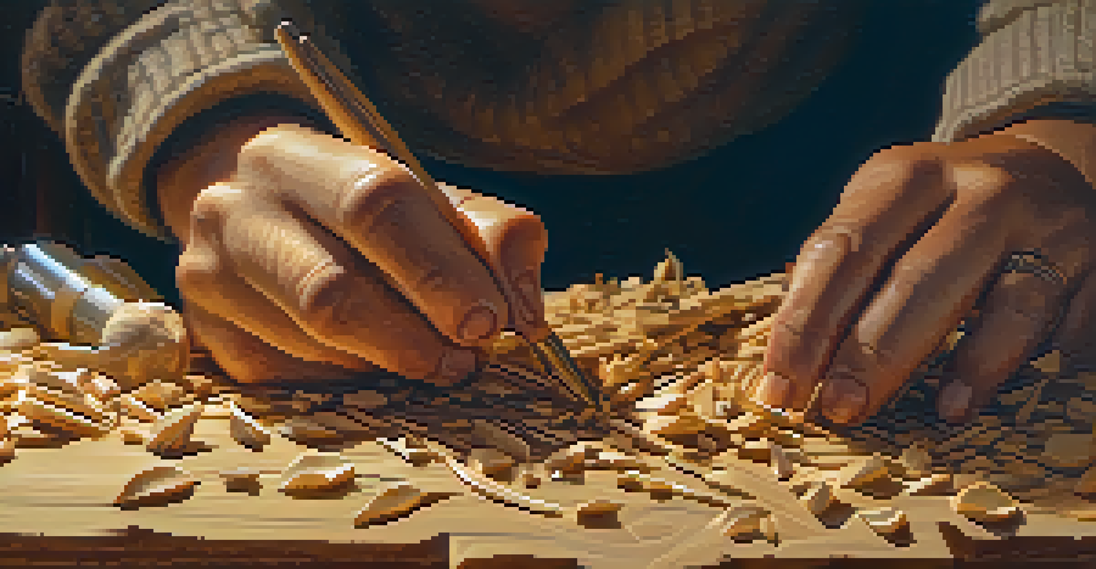 Close-up of a sculptor's hands carving wood, with wood shavings and warm lighting in a workshop.