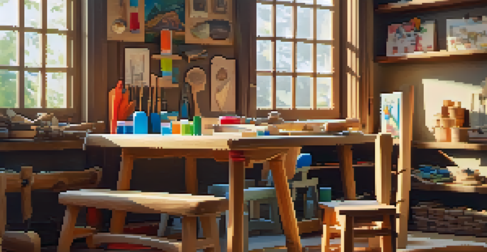 A children's wood carving workspace with tools, a basswood block, and safety gear in a sunlit environment.