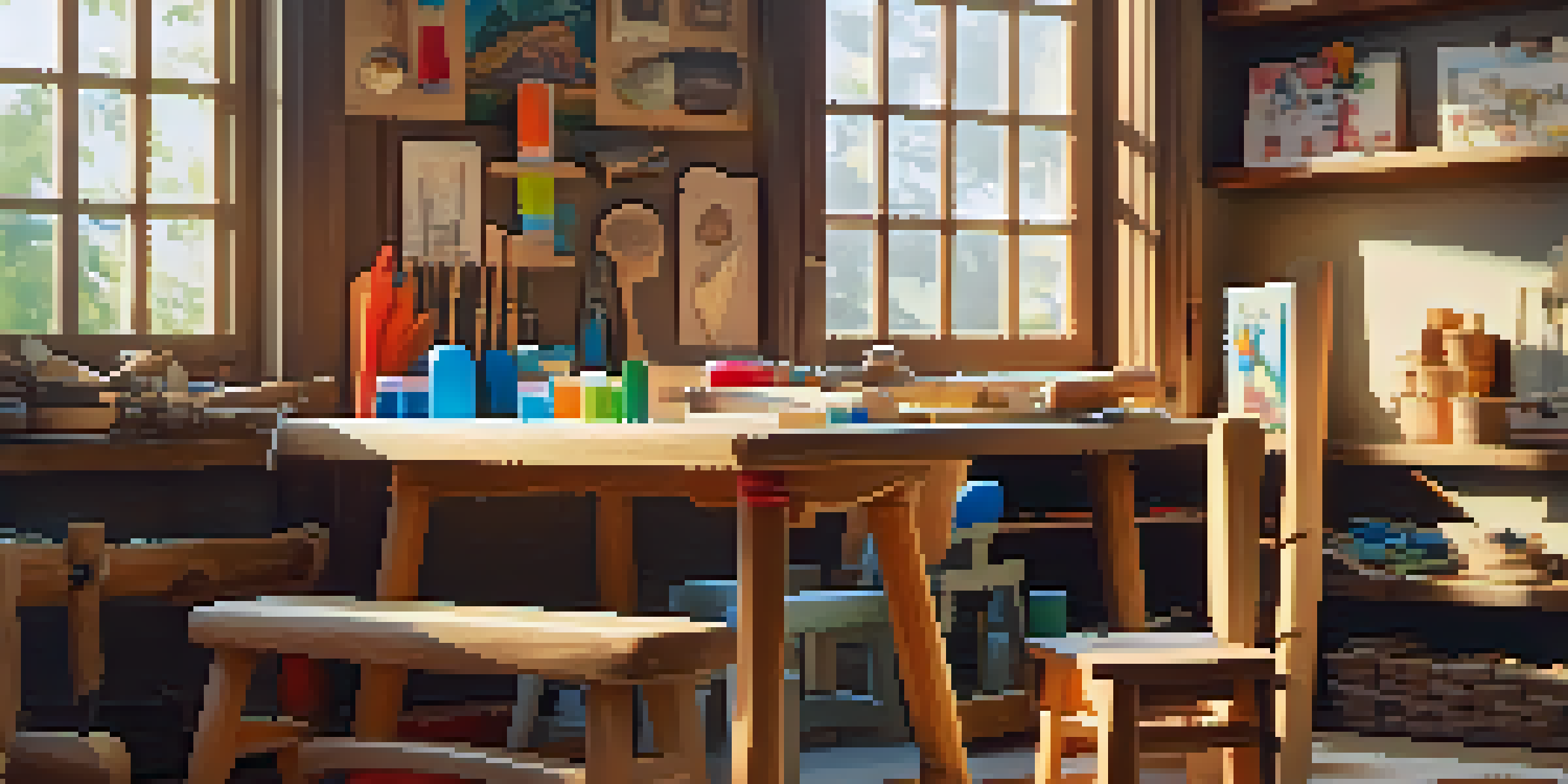A children's wood carving workspace with tools, a basswood block, and safety gear in a sunlit environment.