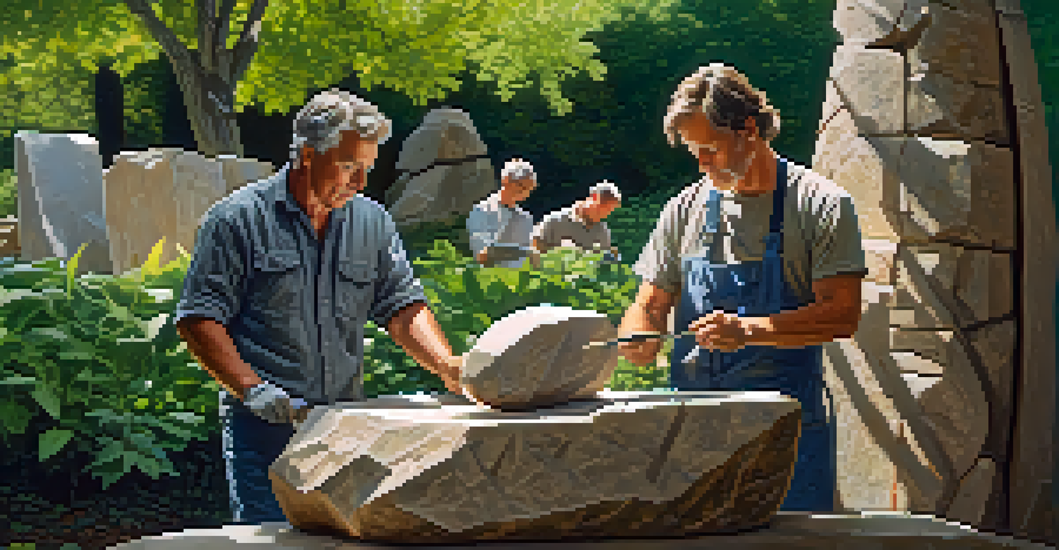 An artist chisels a large stone sculpture outdoors, surrounded by greenery and sunlight, showcasing the artistic process.