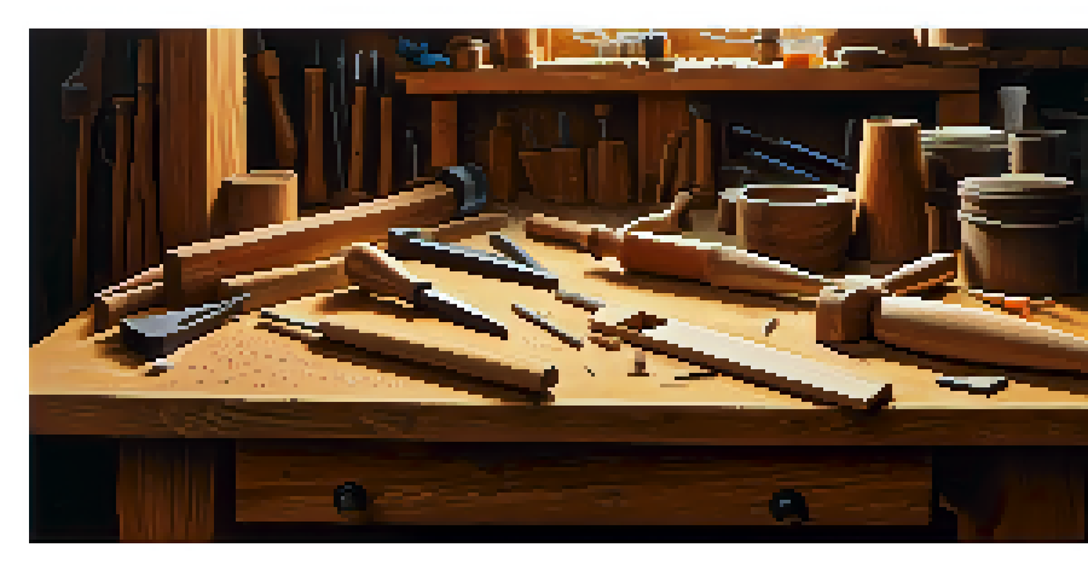 A woodworking workshop with carving tools and a partially carved wooden block on a workbench, warmly lit.