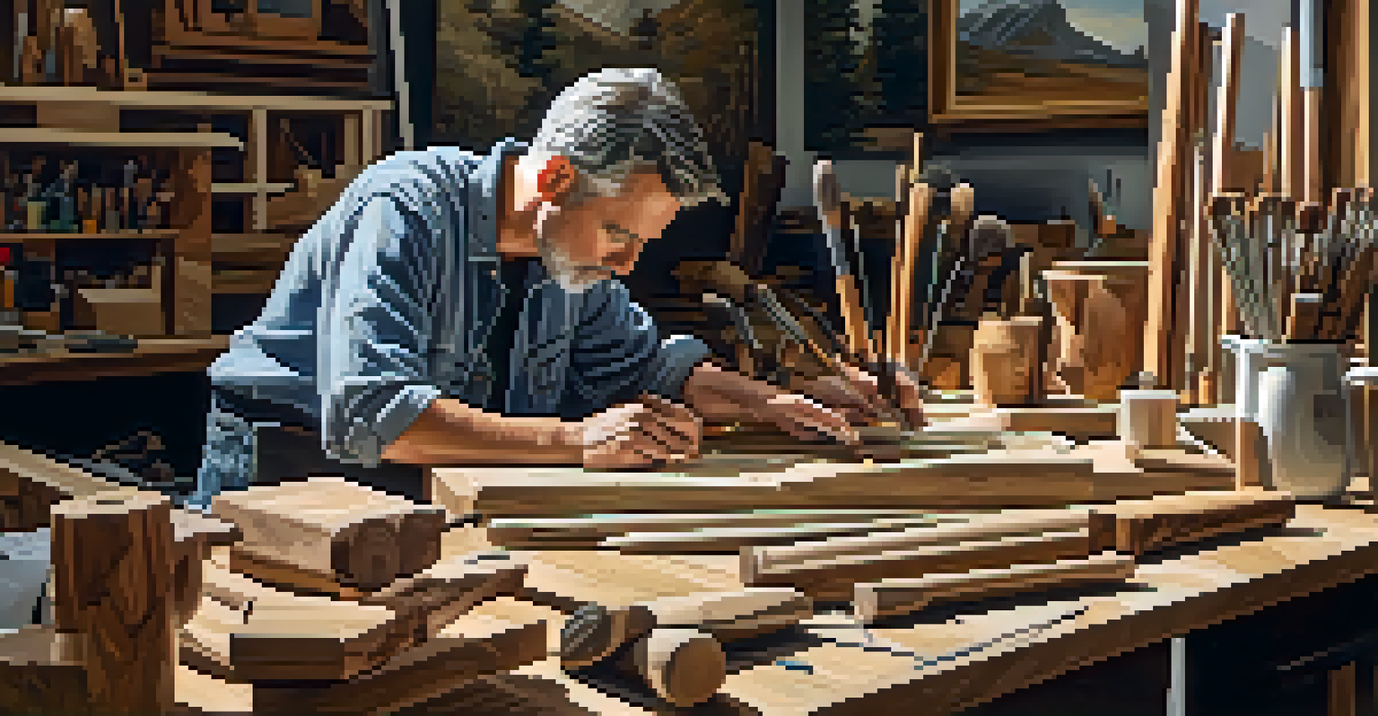 An artist working on a wood sculpture in a bright studio filled with carving tools and reclaimed wood pieces, emphasizing the textures of the wood.