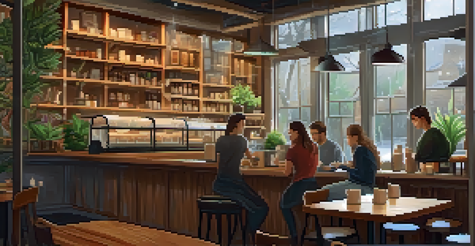 A warm and inviting coffee shop interior with a barista making latte art and customers enjoying their time, while rain falls outside.