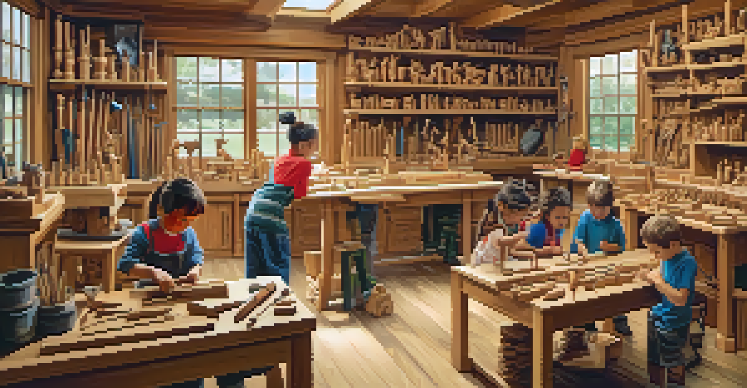 A vibrant woodshop with children engaged in wood carving projects and adults supervising.