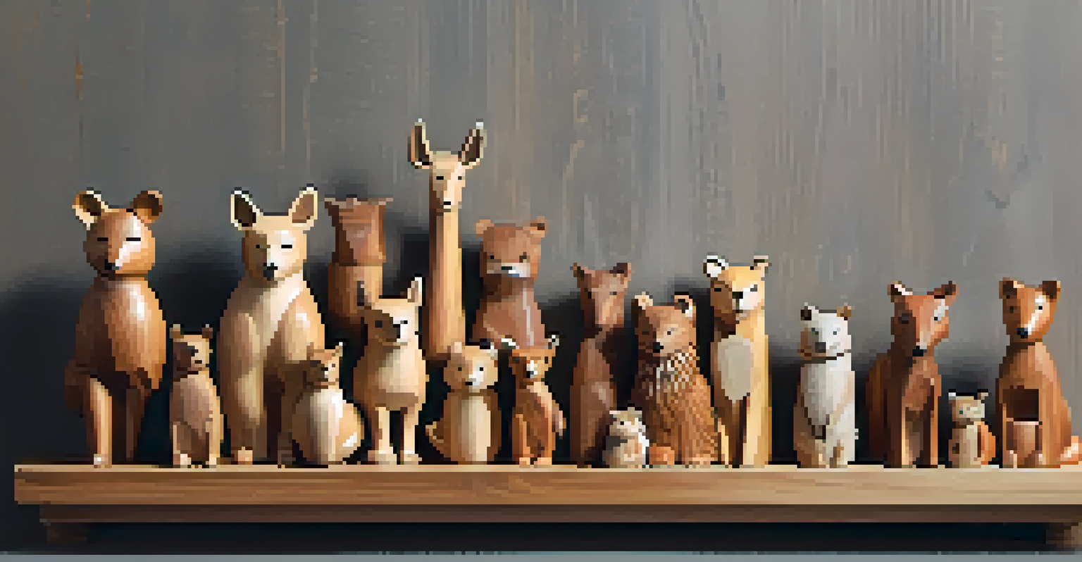A collection of polished wooden animal figures on a rustic shelf, featuring a bird, a fish, and a bear, all showcasing the natural wood grain.