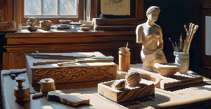 A bright artist's workshop with carving tools and a partially carved wooden statue, showcasing the artistry and the workspace environment.