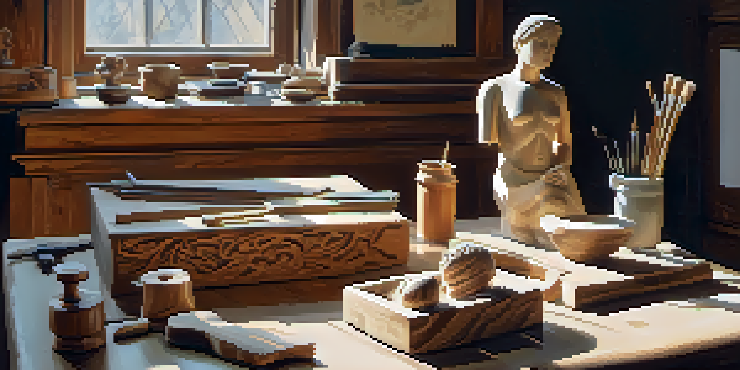 A bright artist's workshop with carving tools and a partially carved wooden statue, showcasing the artistry and the workspace environment.