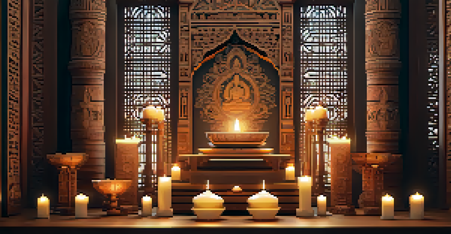 A wooden altar featuring detailed carvings of lotus flowers and spiritual symbols, lit by warm golden light and surrounded by candles.