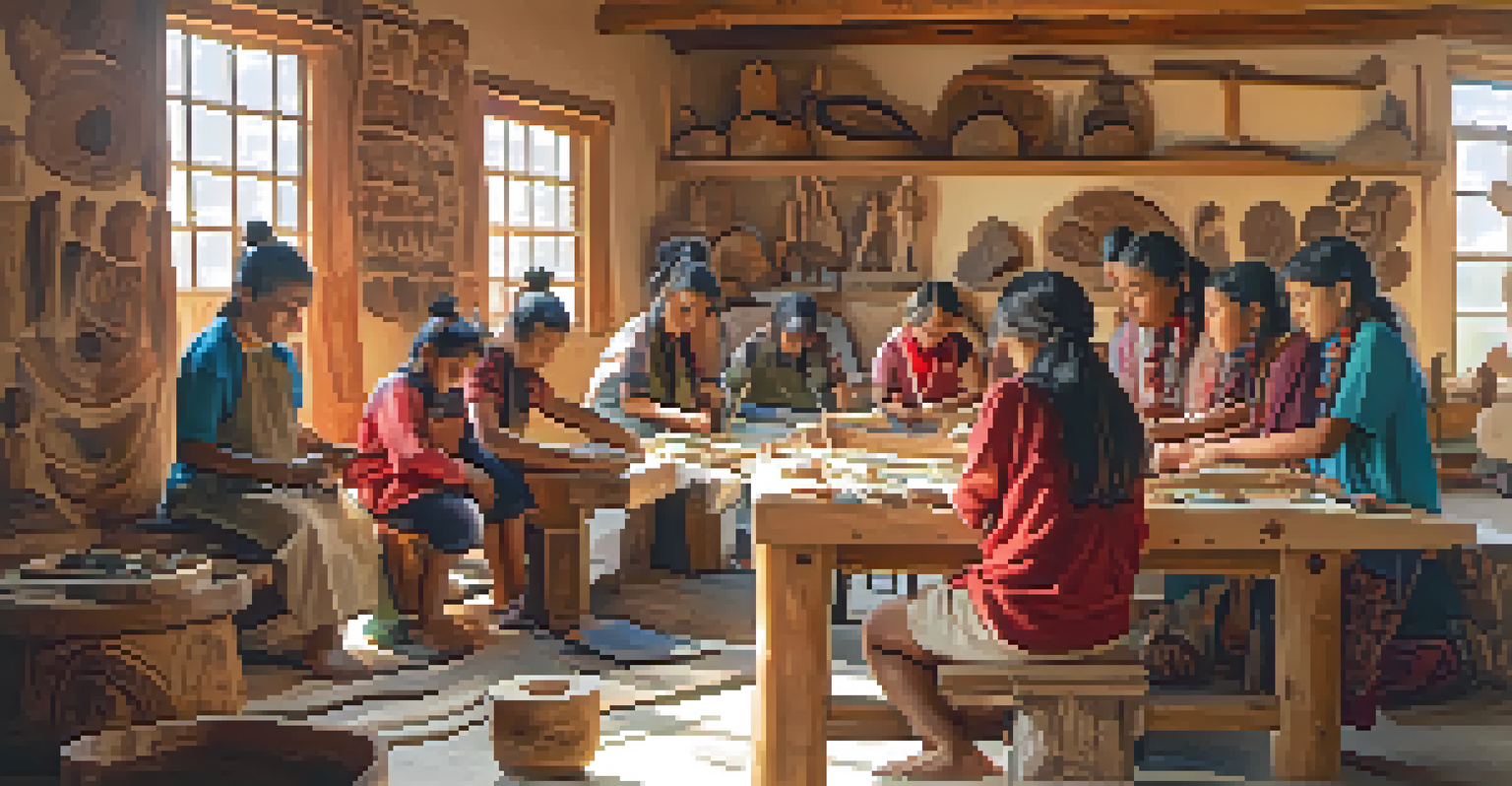 Young Indigenous students learning carving from an elder in a workshop, surrounded by colorful materials and tools.