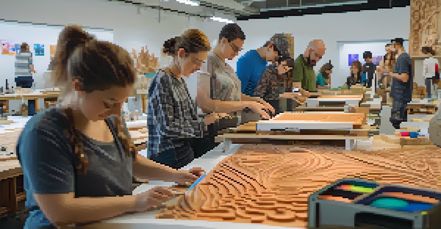 Participants in a workshop using digital tools for carving, with a CNC machine and colorful designs in the background.