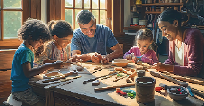 A family joyfully engaged in carving wooden spoons together at a table, with colorful tools and soft afternoon light.