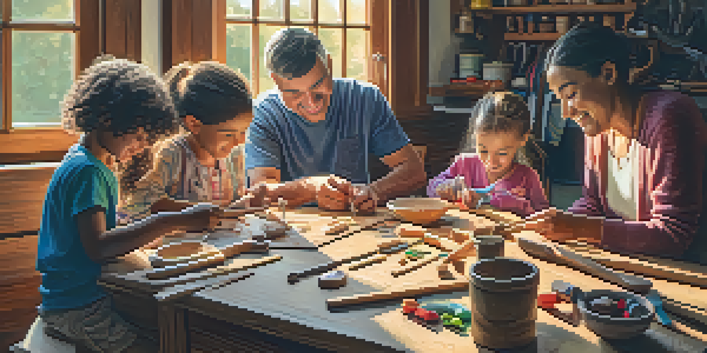 A family joyfully engaged in carving wooden spoons together at a table, with colorful tools and soft afternoon light.