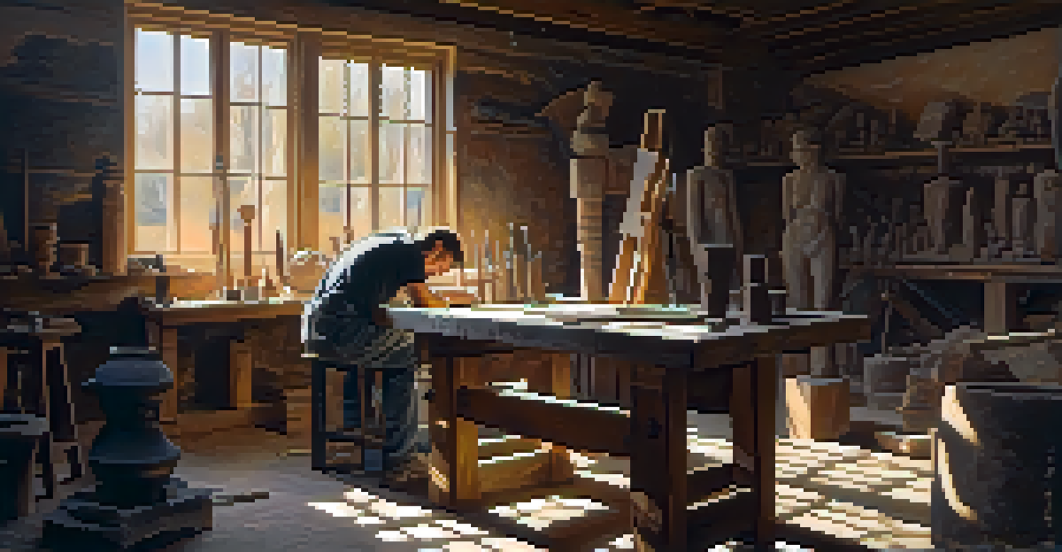 An artist carving stone in a sunlit workshop, surrounded by tools and partially finished sculptures, with warm light filtering through the window.