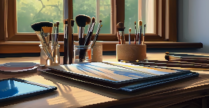 A collection of digital brushes on a wooden table with sunlight casting soft shadows, and a tablet displaying a digital carving design in the background.