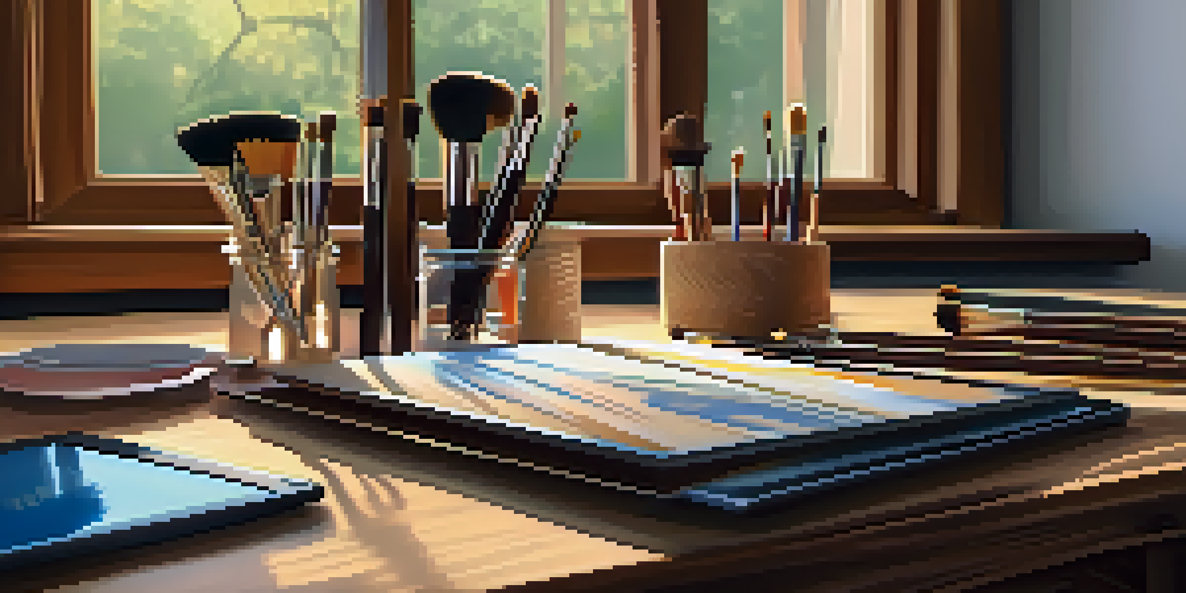 A collection of digital brushes on a wooden table with sunlight casting soft shadows, and a tablet displaying a digital carving design in the background.