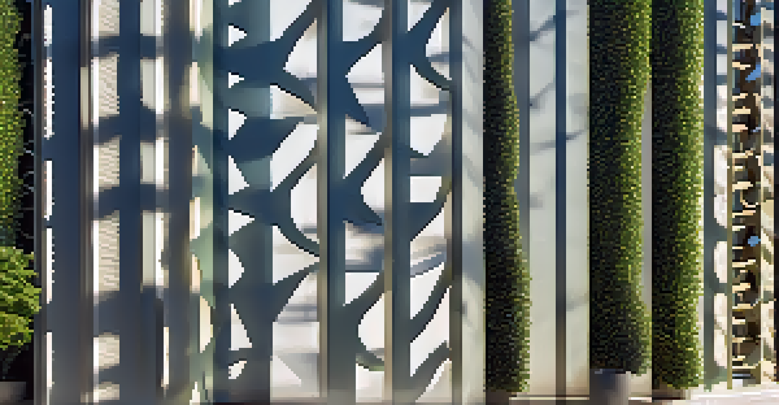 A modern building with laser-cut patterns inspired by traditional designs, surrounded by plants, with sunlight creating shadows on the walls.