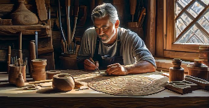 An artisan working on a wooden panel, surrounded by carving tools and warm natural light.