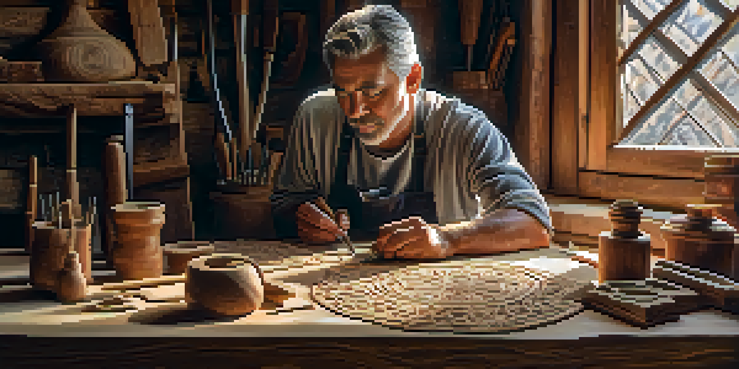 An artisan working on a wooden panel, surrounded by carving tools and warm natural light.