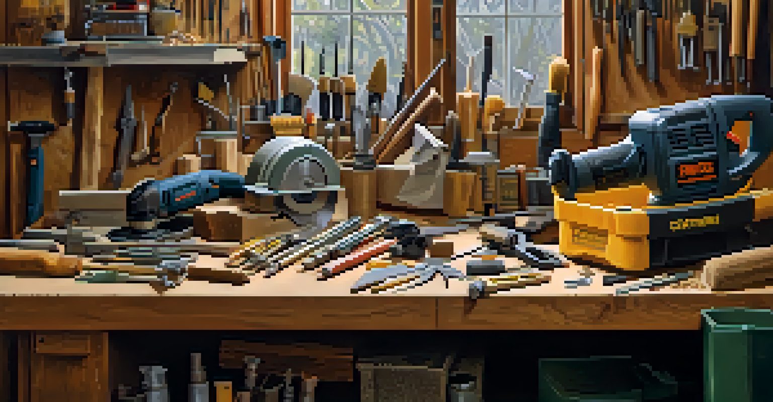 A workbench with power tools being cleaned and inspected, showcasing a craftsman’s dedication to tool maintenance.