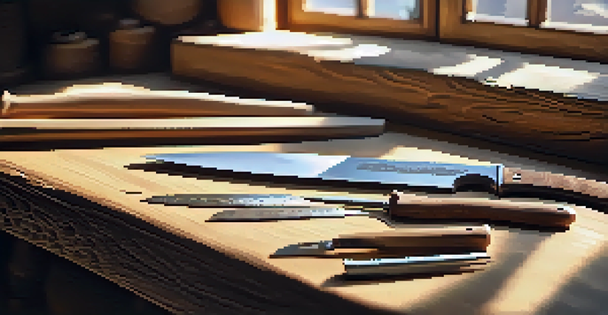 A wooden carving workspace displaying various carving tools and a carving glove, lit by natural sunlight.